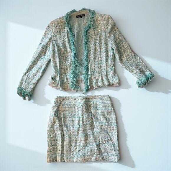 Mint Tweed Skirt Set | Fringe Trim Jacket & Mini Skirt | Matching Set - Picture 2 of 6
